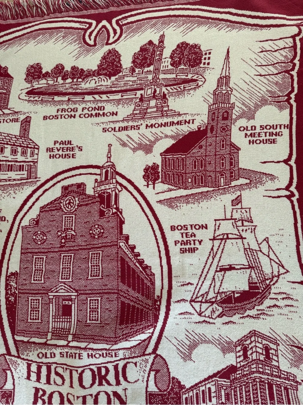 Historic Boston landmarks red and cream woven tapestry throw fringed blanket